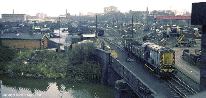 Diesel shunter with wagons of scrap, Leicester Central goods yard Diesel shunter with wagons of scrap, Leicester Central goods yard