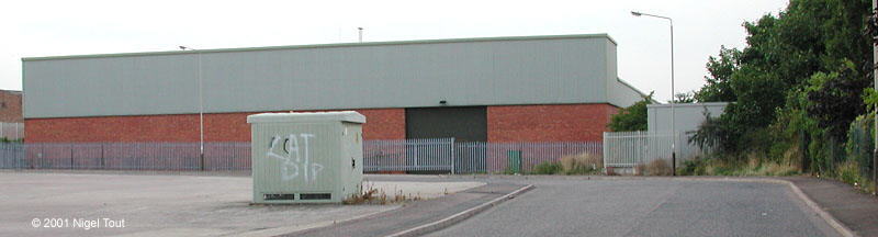 Buildings across track bed of GCR at Abbey Lane sidings, Leicester