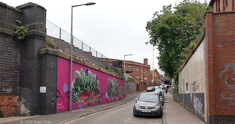 Site of GCR bridge, Welles Street, Leicester, with graffiti Site of GCR bridge, Welles Street, Leicester, with graffiti